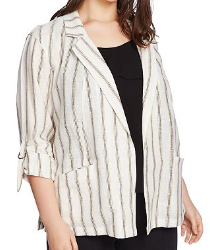 1.State 16W Cabana Stripe Linen Blend Open Blazer